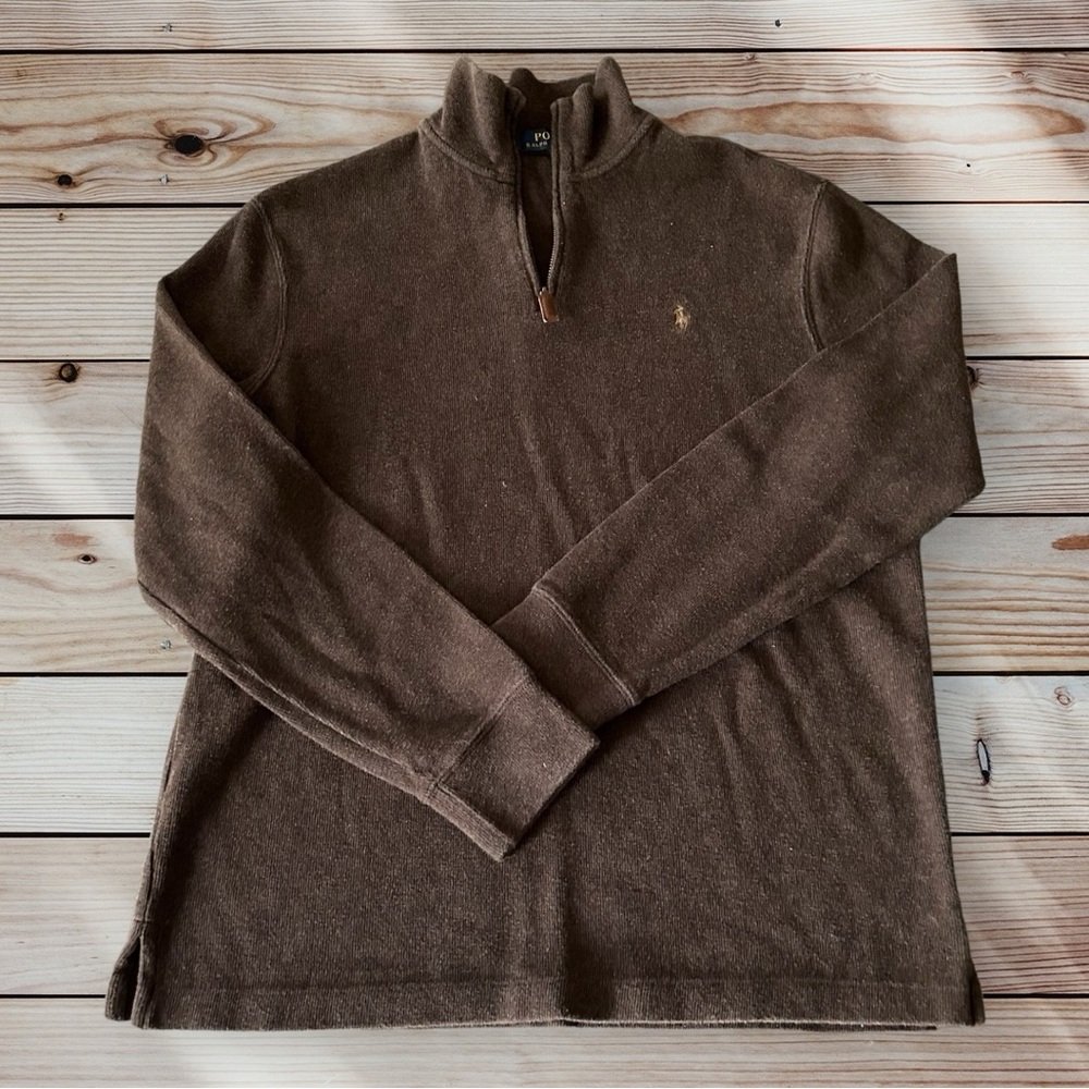 POLO by Ralph Lauren’s Men’s Quarter-Zip Classic Logo Sweater Chocolate Brown